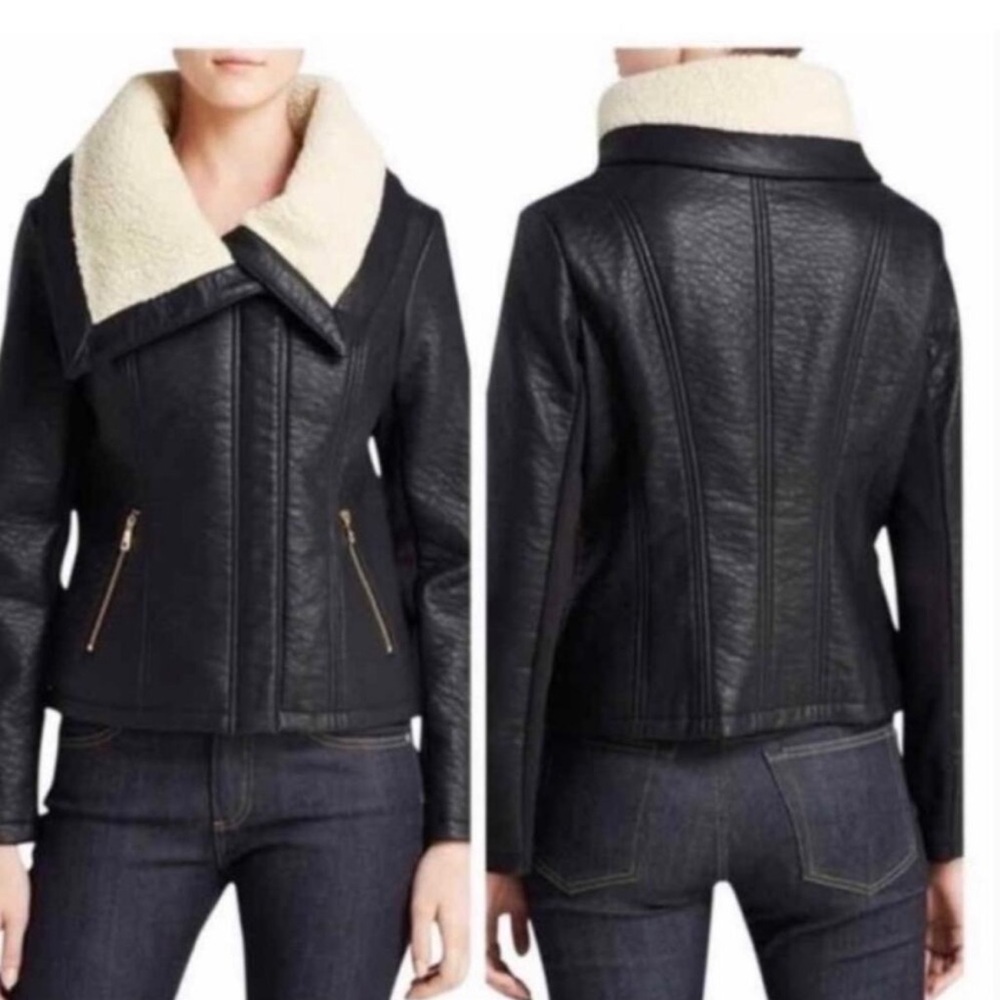 Sam Edelman Caitlyn Aviator Jacket Large | Faux Leather Shearling Collar GUC